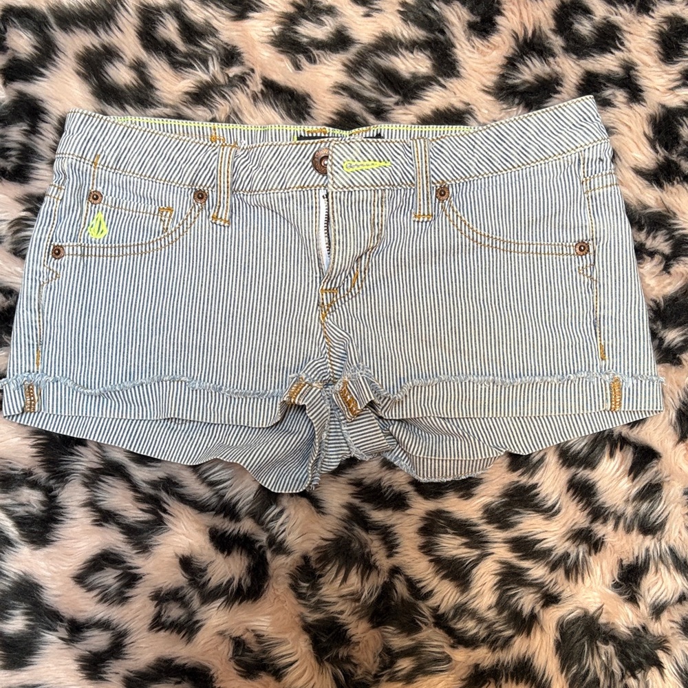 Volcom Retro Blue and White Striped Jean Shorts w/ Lime Green Trim/Accents